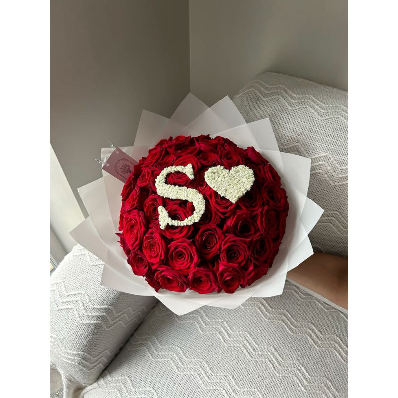 Bouquet roses avec lettre